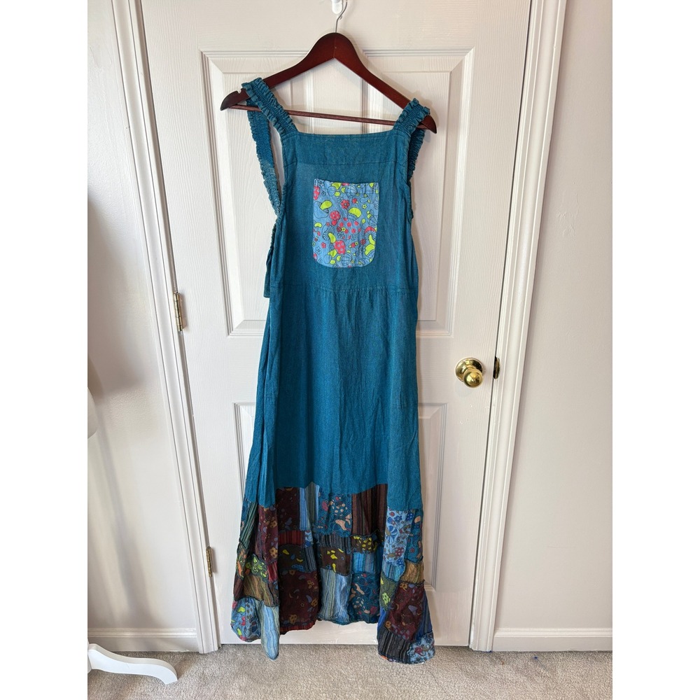 Kathmandu Imports Pinafore Dress Womens M Blue Mushroom Patchwork Boho Hippie